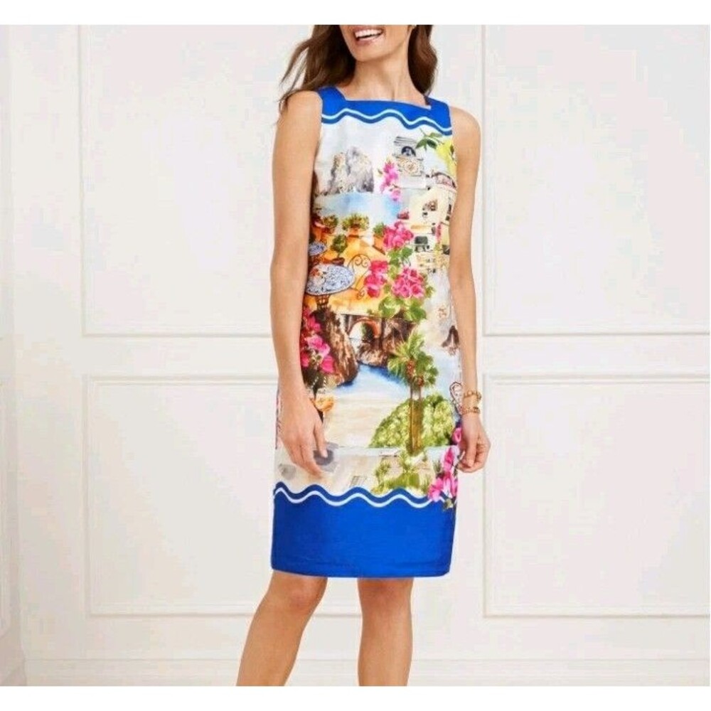 Talbots Linen Cotton Shift Dress Coastal Scenic Print Sleeveless Size Petite 12